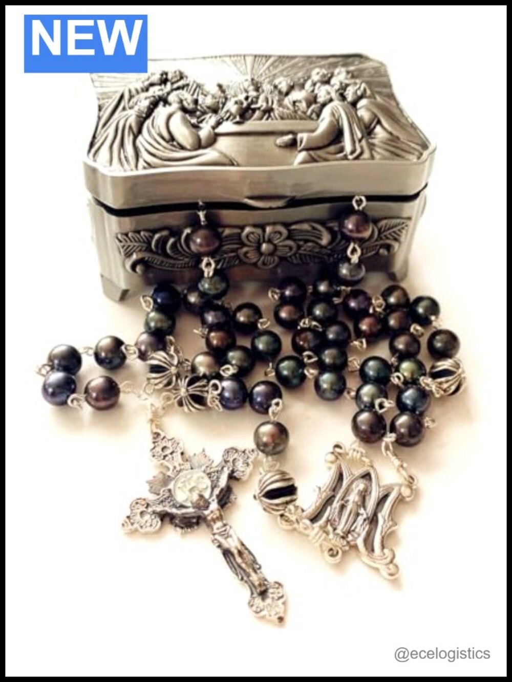 Sterling Silver Black Pearl Rosary Necklace Cross Beads Catholic Gift